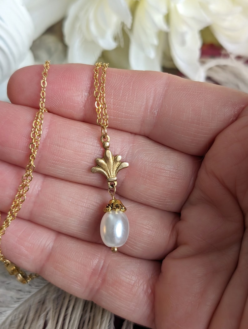 Gold Pearl Necklace | Art Deco 14K Plated Pendant, Handmade Jewelry