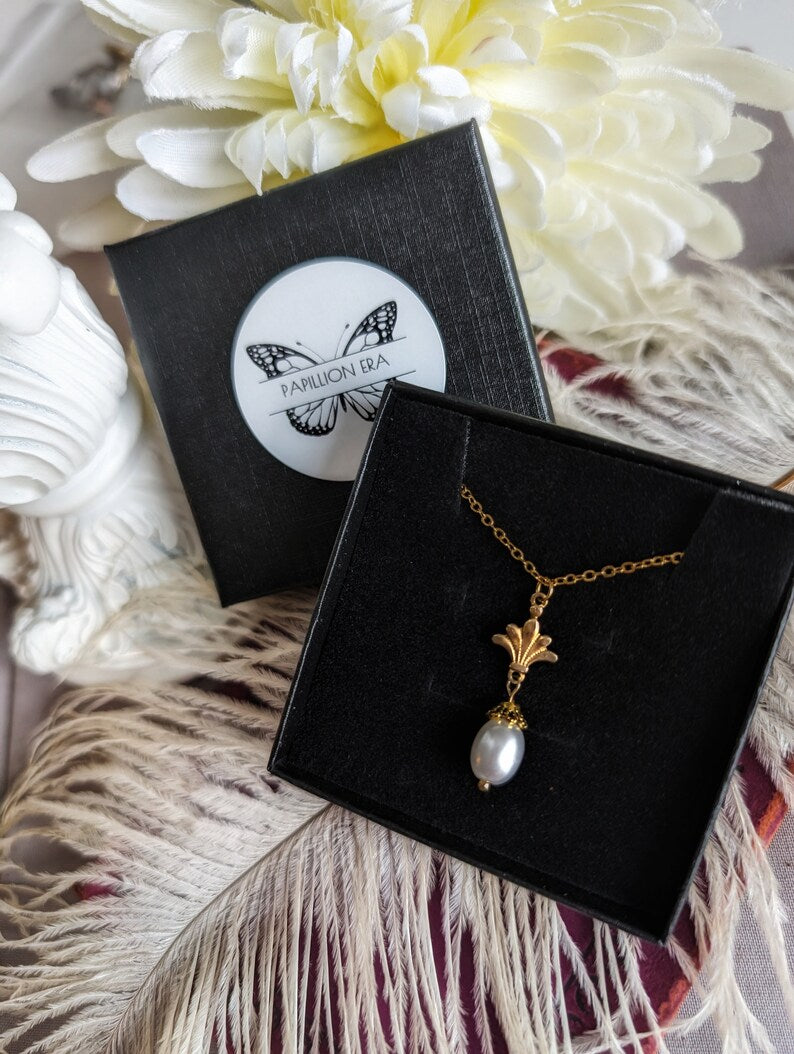 Gold Pearl Necklace | Art Deco 14K Plated Pendant, Handmade Jewelry