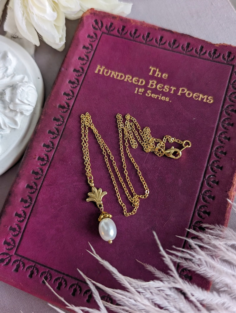 Gold Pearl Necklace | Art Deco 14K Plated Pendant, Handmade Jewelry