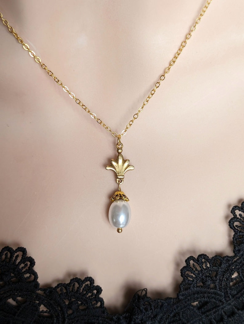 Gold Pearl Necklace | Art Deco 14K Plated Pendant, Handmade Jewelry