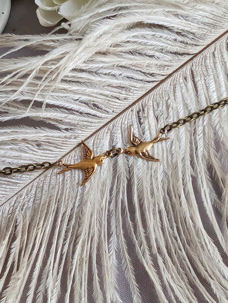Dainty Swallow Bracelet: Antiqued Brass Bird Charm, Minimalist Jewelry