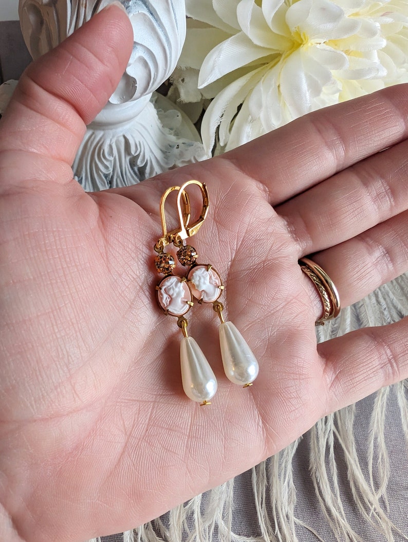 Pink Cameo Pearl Earrings | Victorian Romantic Vintage Jewelry