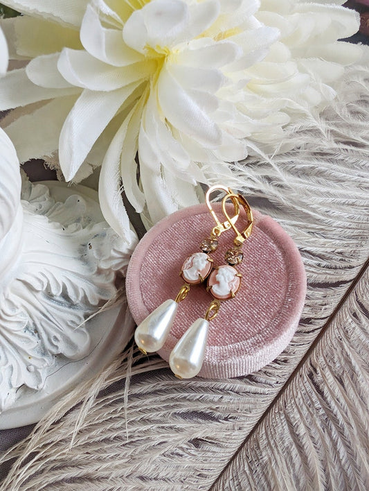Pink Cameo Pearl Earrings | Victorian Romantic Vintage Jewelry