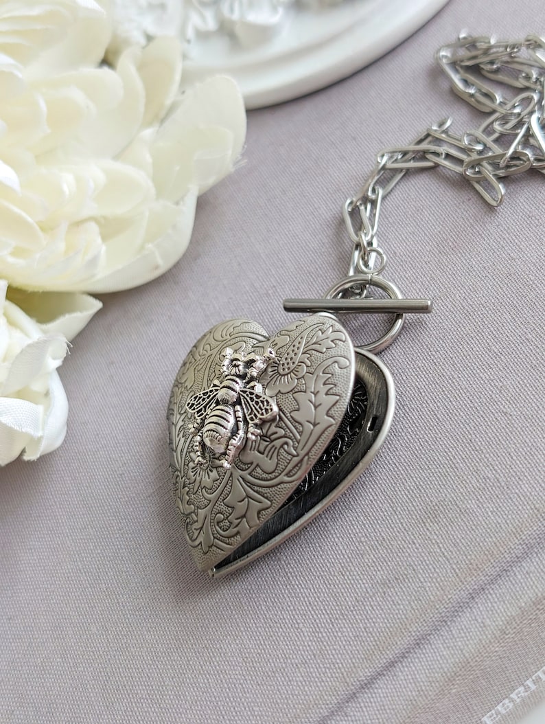 Heart Locket Toggle Necklace | Silver Floral Choker, Handmade Jewelry