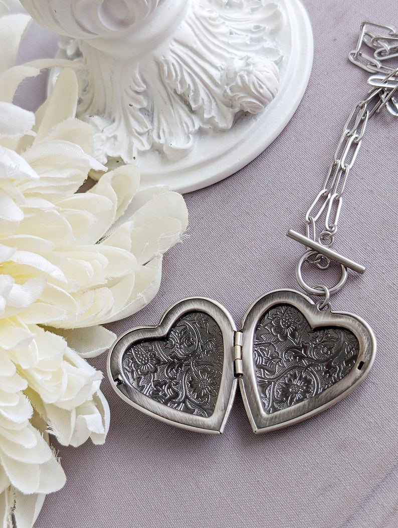 Heart Locket Toggle Necklace | Silver Floral Choker, Handmade Jewelry