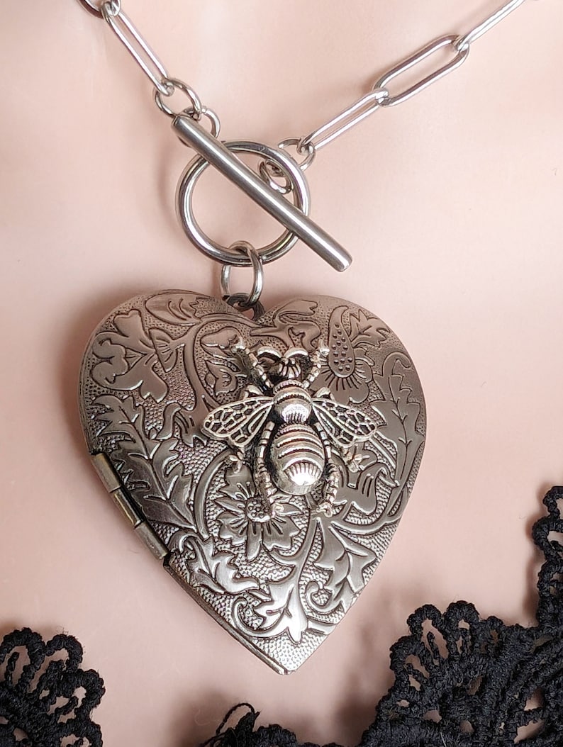 Heart Locket Toggle Necklace | Silver Floral Choker, Handmade Jewelry