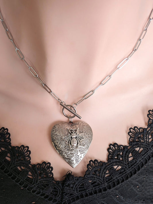 Heart Locket Toggle Necklace | Silver Floral Choker, Handmade Jewelry