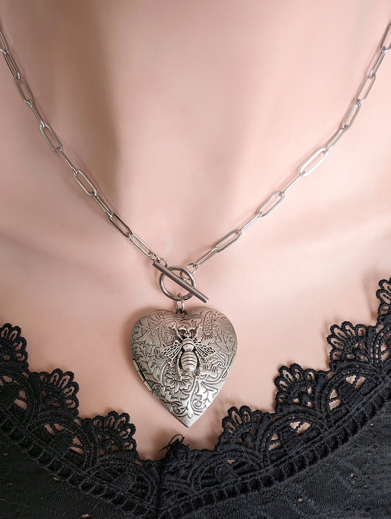 Heart Locket Toggle Necklace | Silver Floral Choker, Handmade Jewelry