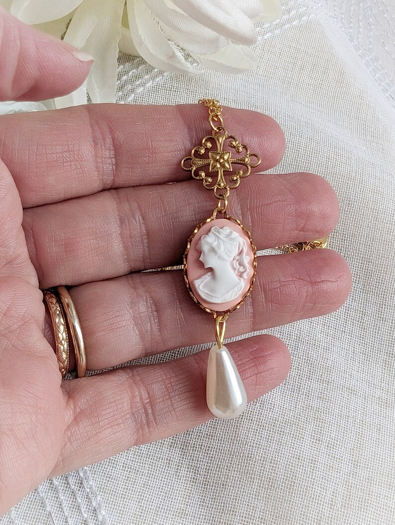 Pink Cameo Pearl Necklace, 14K Gold Plated Vintage Style Jewelry
