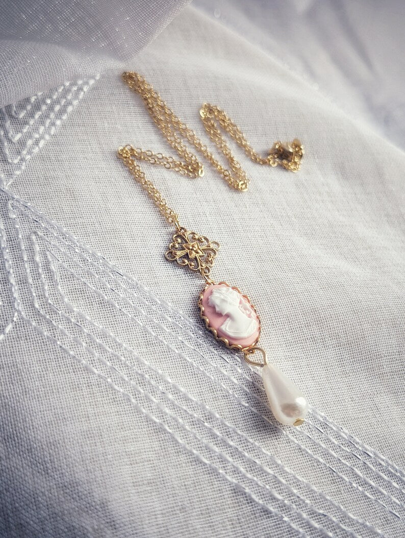 Pink Cameo Pearl Necklace, 14K Gold Plated Vintage Style Jewelry