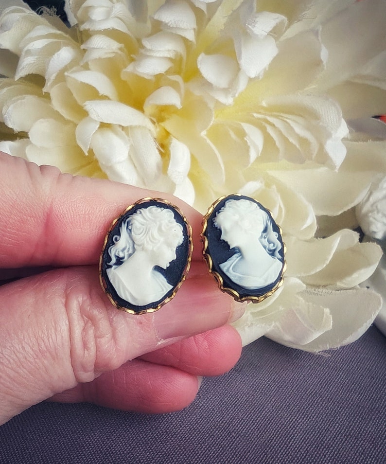 Large Lady Cameo Stud Earrings, Vintage Style Victorian Jewelry