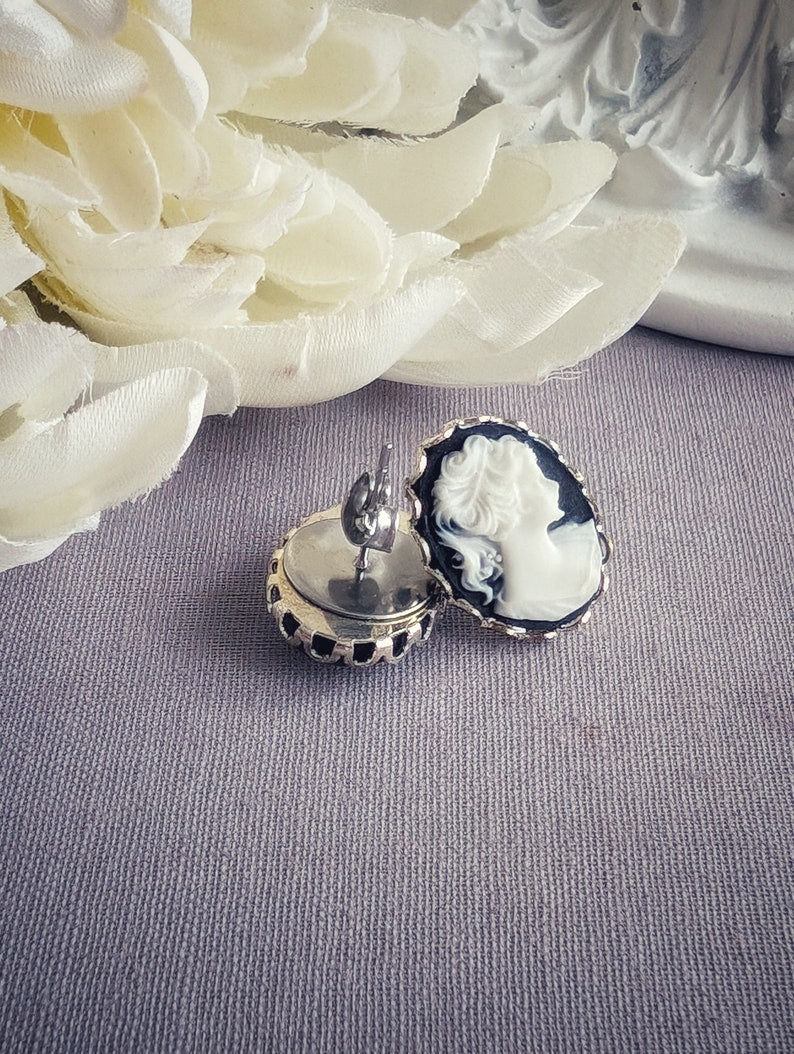 Large Lady Cameo Stud Earrings, Vintage Style Victorian Jewelry
