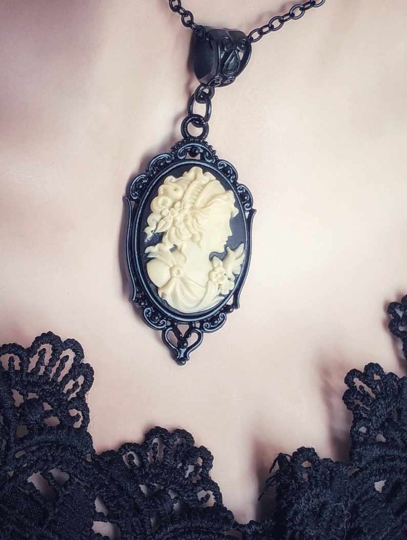 Gothic Goddess Cameo Necklace: Black Enamel Victorian Pendant