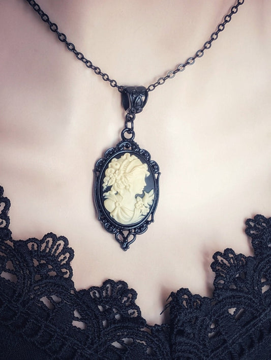 Gothic Goddess Cameo Necklace: Black Enamel Victorian Pendant