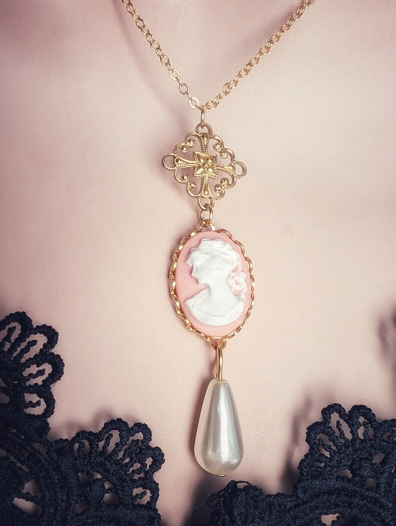 Pink Cameo Pearl Necklace, 14K Gold Plated Vintage Style Jewelry