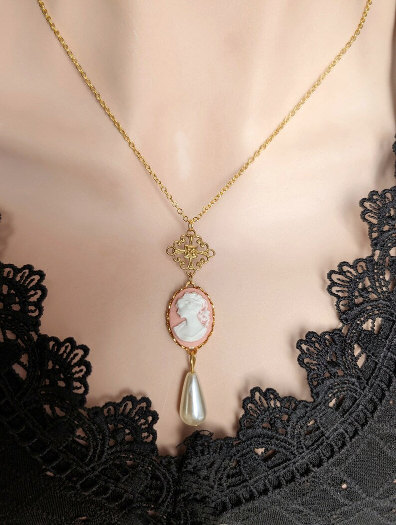 Pink Cameo Pearl Necklace, 14K Gold Plated Vintage Style Jewelry