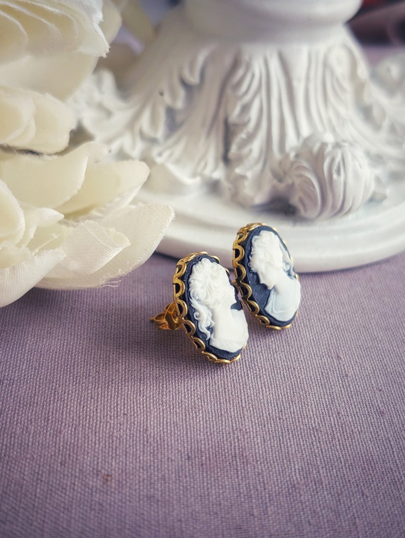 Large Lady Cameo Stud Earrings, Vintage Style Victorian Jewelry