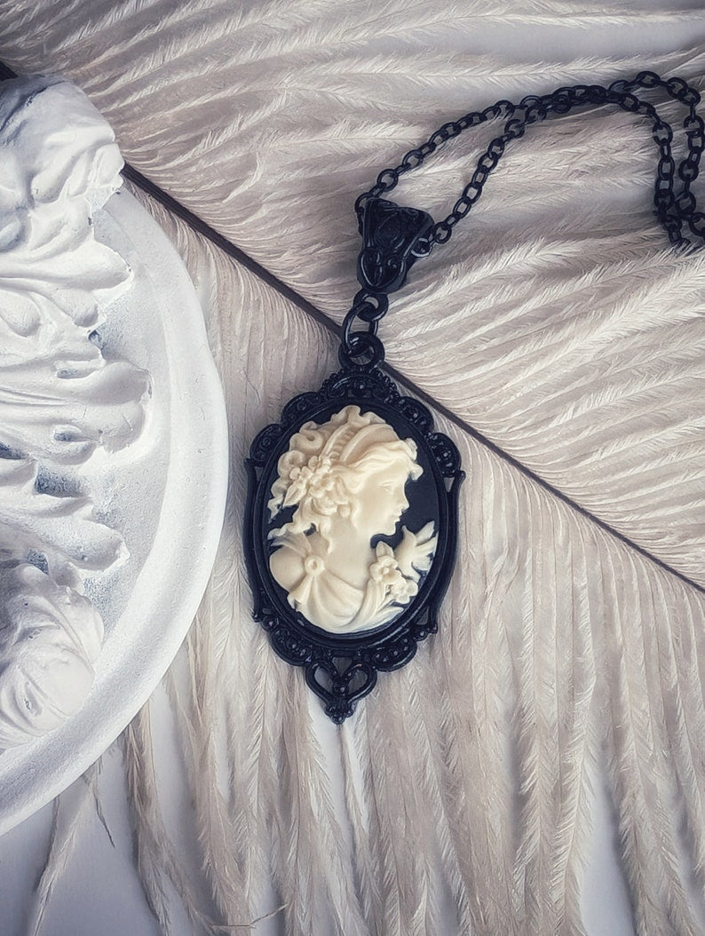 Gothic Goddess Cameo Necklace: Black Enamel Victorian Pendant
