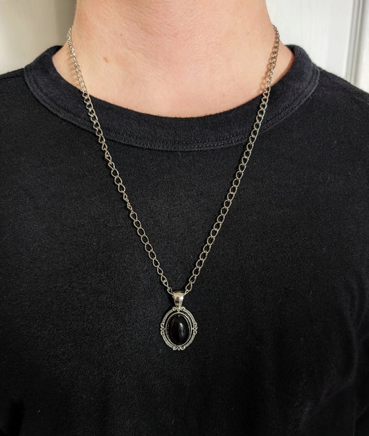 Black Obsidian Necklace for Men, Antiqued Silver Pendant, Curb Chain