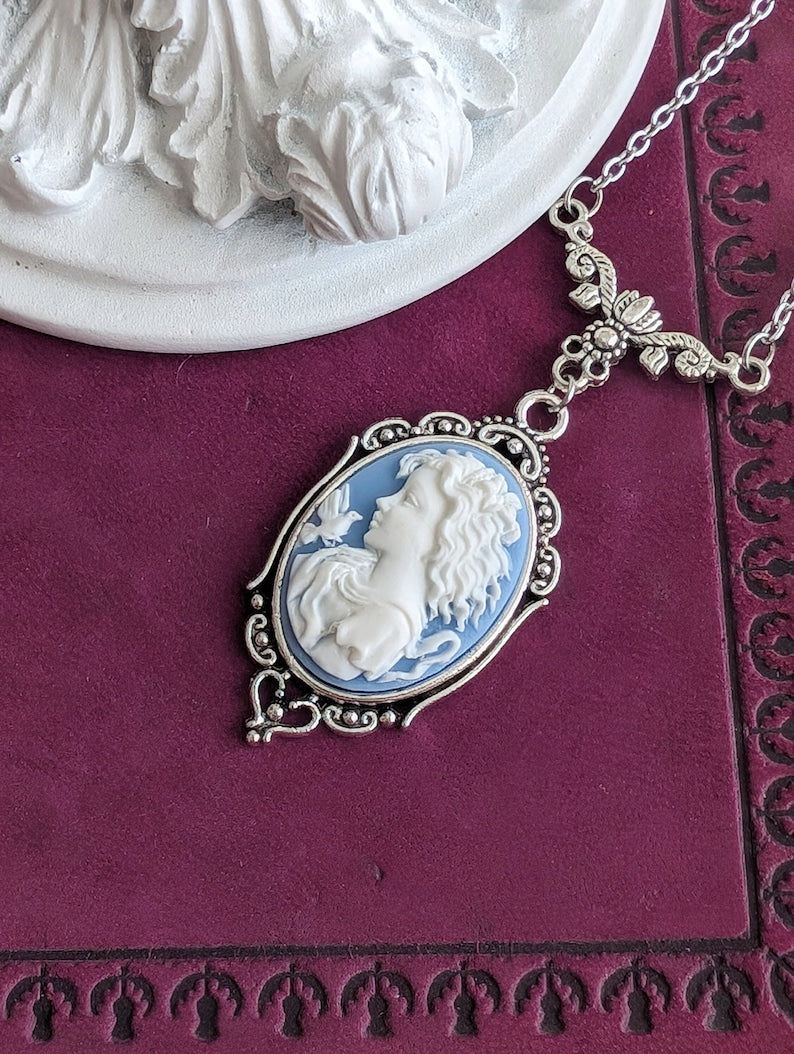 Blue Cameo Necklace Victorian Silver Pendant Vintage Style Jewelry