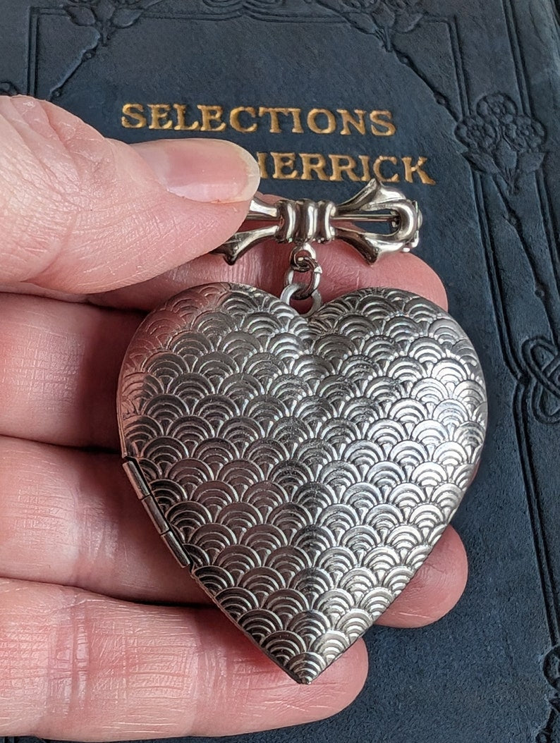 Silver Bee Heart Locket Brooch: Art Deco Bridal Bouquet Charm