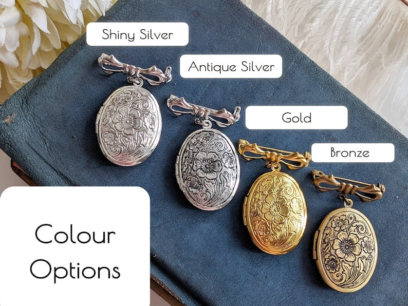 Embossed Floral Locket Brooch | Antiqued Brass Wedding Memory Pin