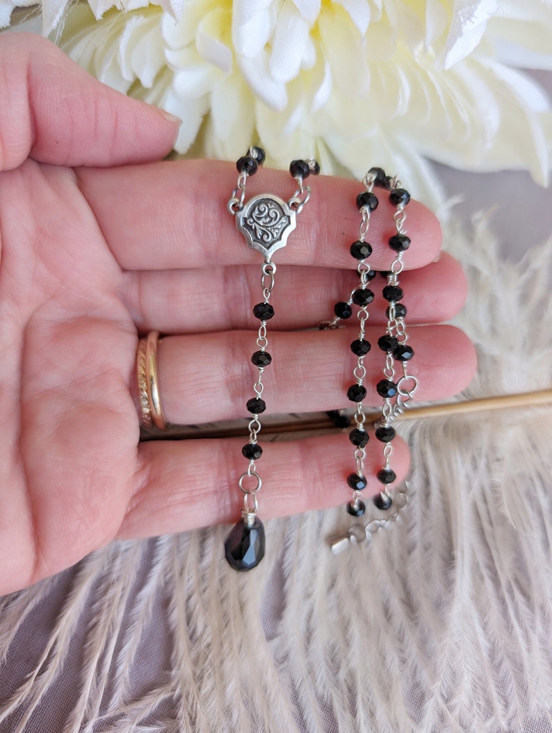 Black Beaded Y Necklace: Gothic Rosary Choker, Vintage Style