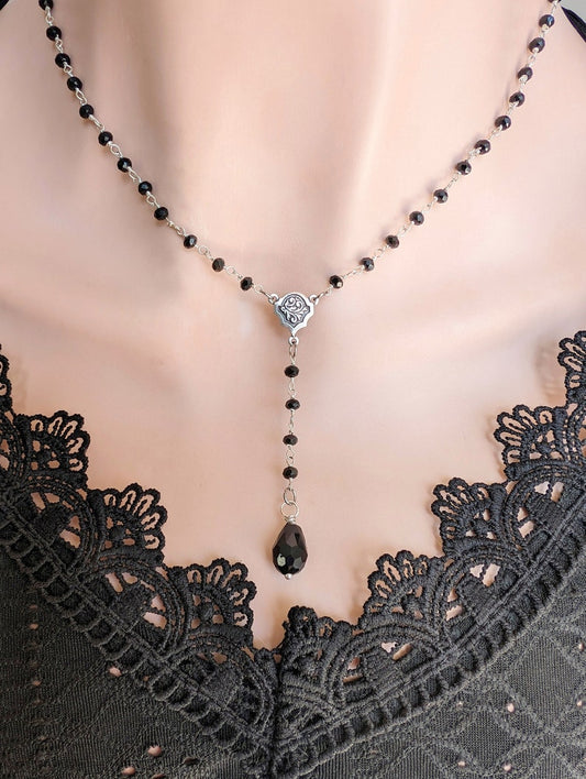 Black Beaded Y Necklace: Gothic Rosary Choker, Vintage Style