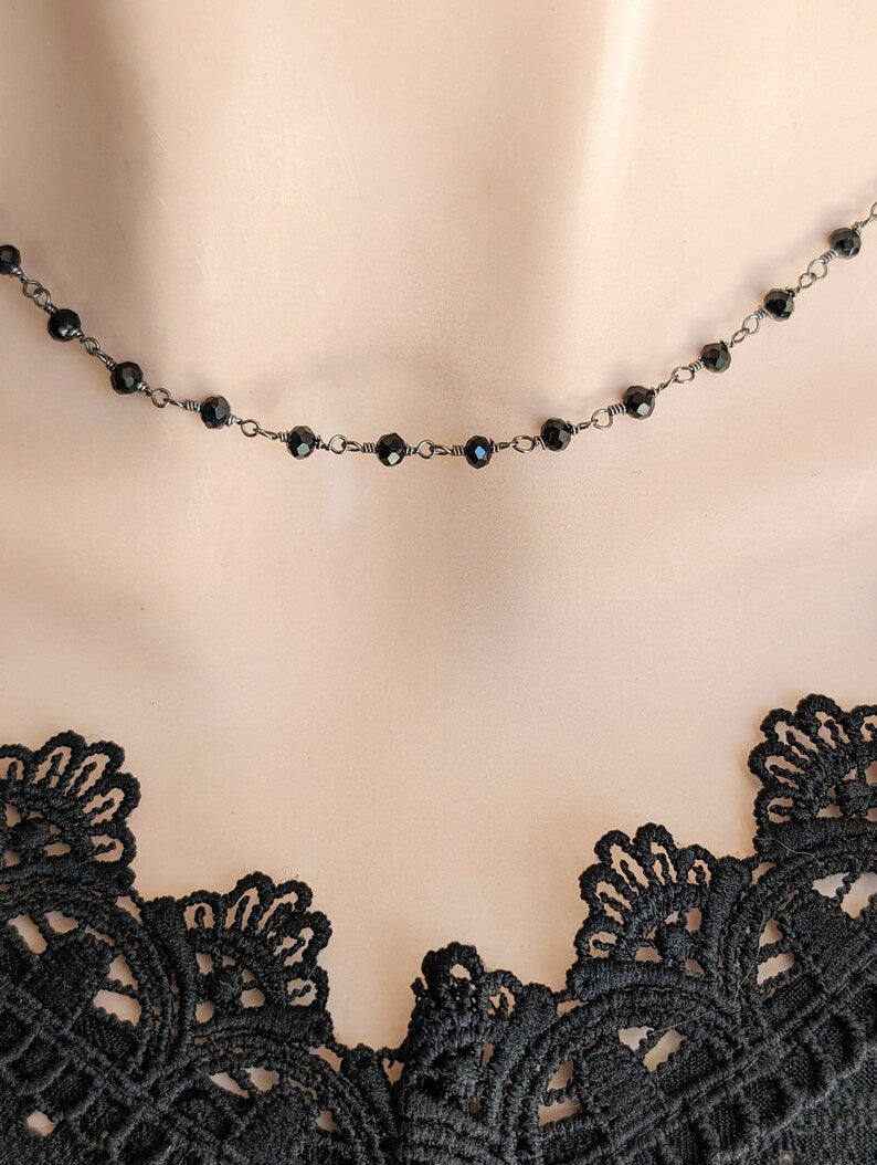 Black Faceted Glass Bead Choker | Gothic Rosary Chain Necklace