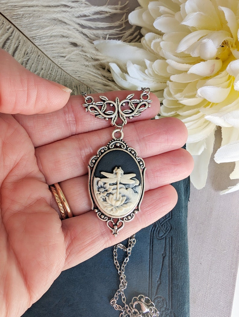 Black Dragonfly Cameo Necklace, Antique Silver Lotus Pendant Jewelry