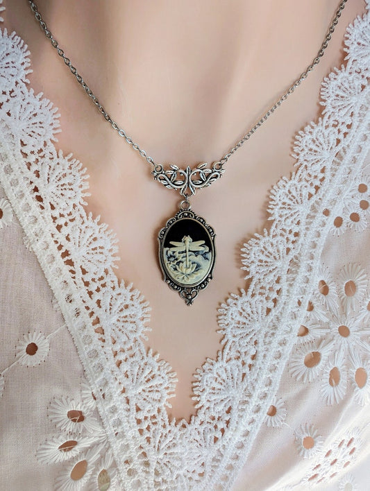 Black Dragonfly Cameo Necklace, Antique Silver Lotus Pendant Jewelry