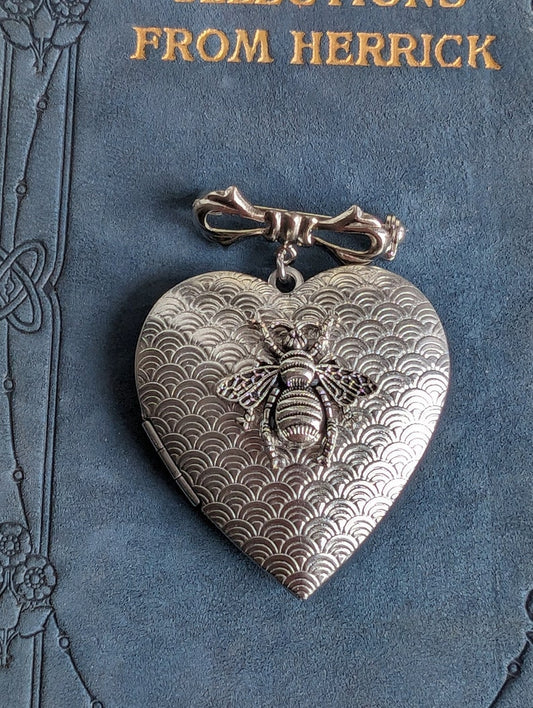 Silver Bee Heart Locket Brooch: Art Deco Bridal Bouquet Charm