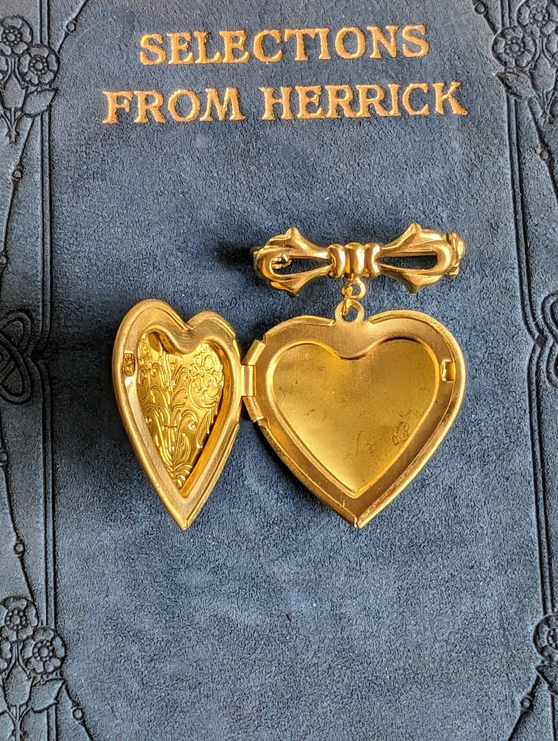 Brass Floral Heart Locket Brooch: Victorian Bridal Bouquet Keepsake