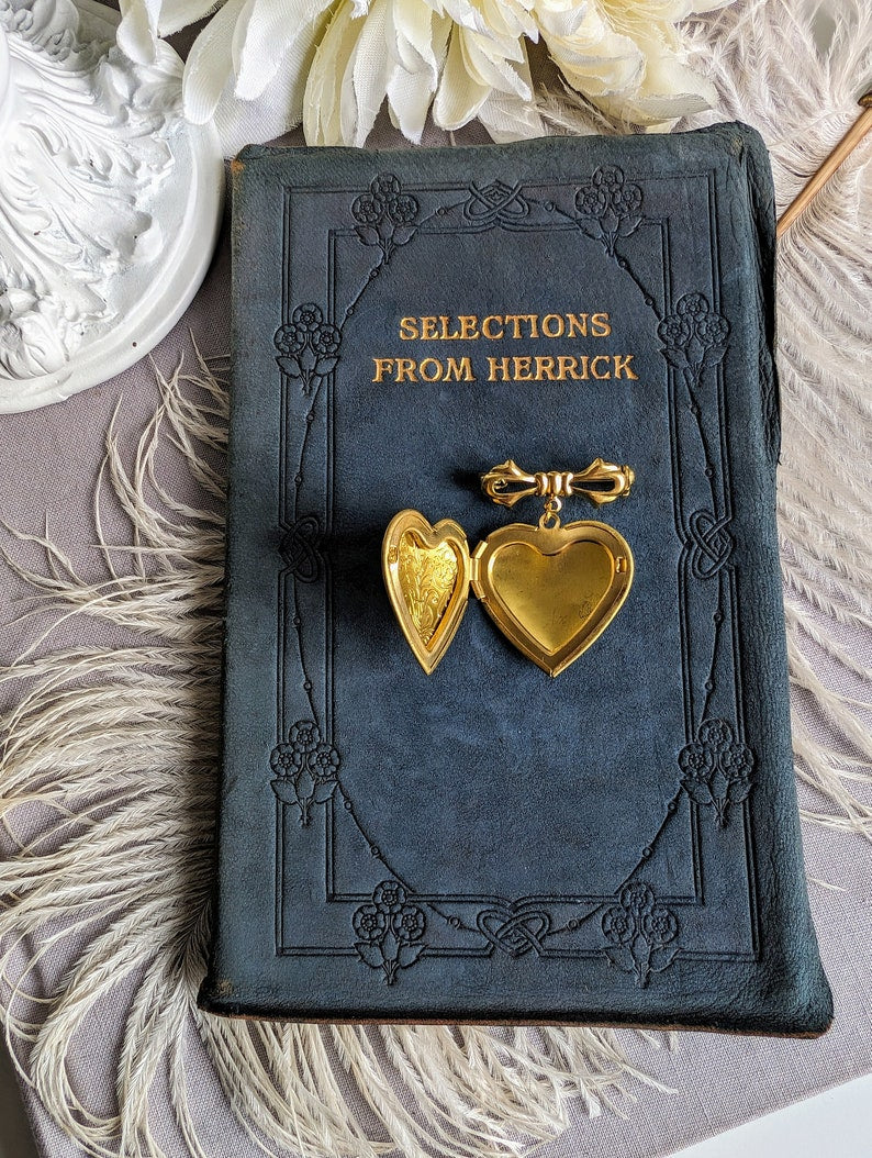 Brass Floral Heart Locket Brooch: Victorian Bridal Bouquet Keepsake