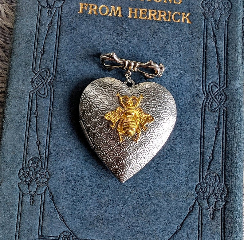Silver Bee Heart Locket Brooch: Art Deco Bridal Bouquet Charm