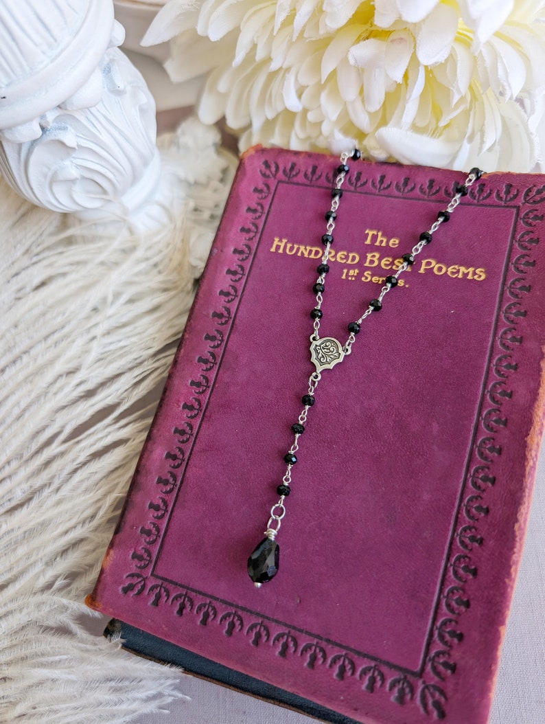 Black Beaded Y Necklace: Gothic Rosary Choker, Vintage Style