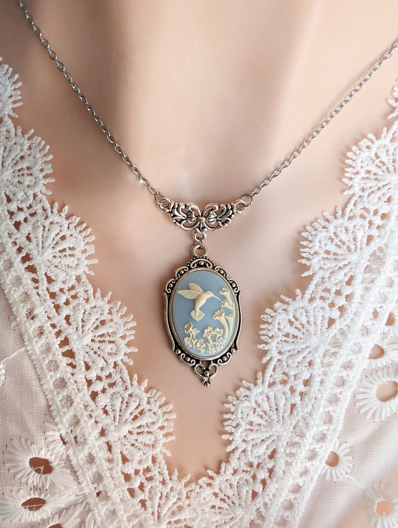 Blue Hummingbird Cameo Necklace, Art Nouveau Bird Pendant Jewelry