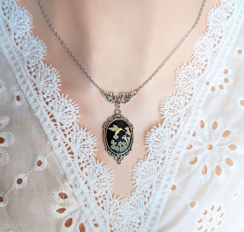 Blue Hummingbird Cameo Necklace, Art Nouveau Bird Pendant Jewelry