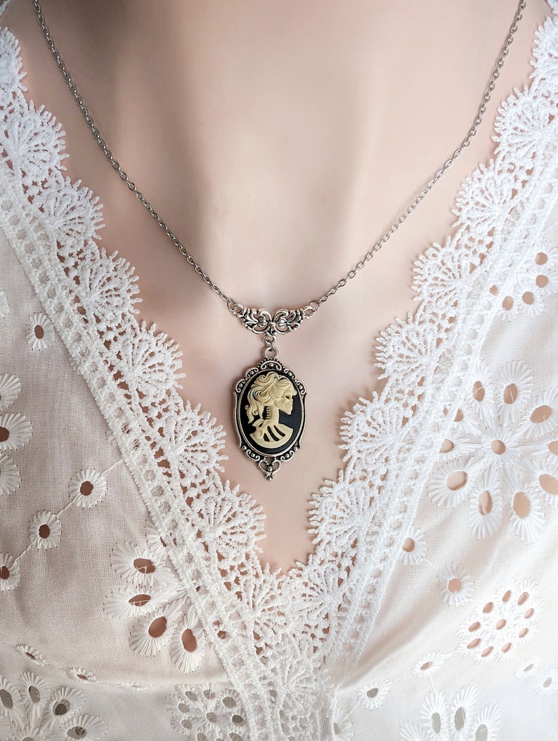 Lady Skull Necklace, Gothic Day of the Dead Pendant, Silver Plated Brass