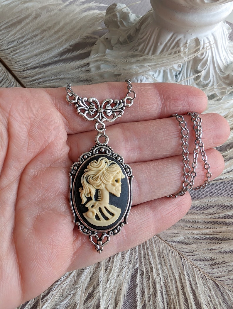 Lady Skull Necklace, Gothic Day of the Dead Pendant, Silver Plated Brass