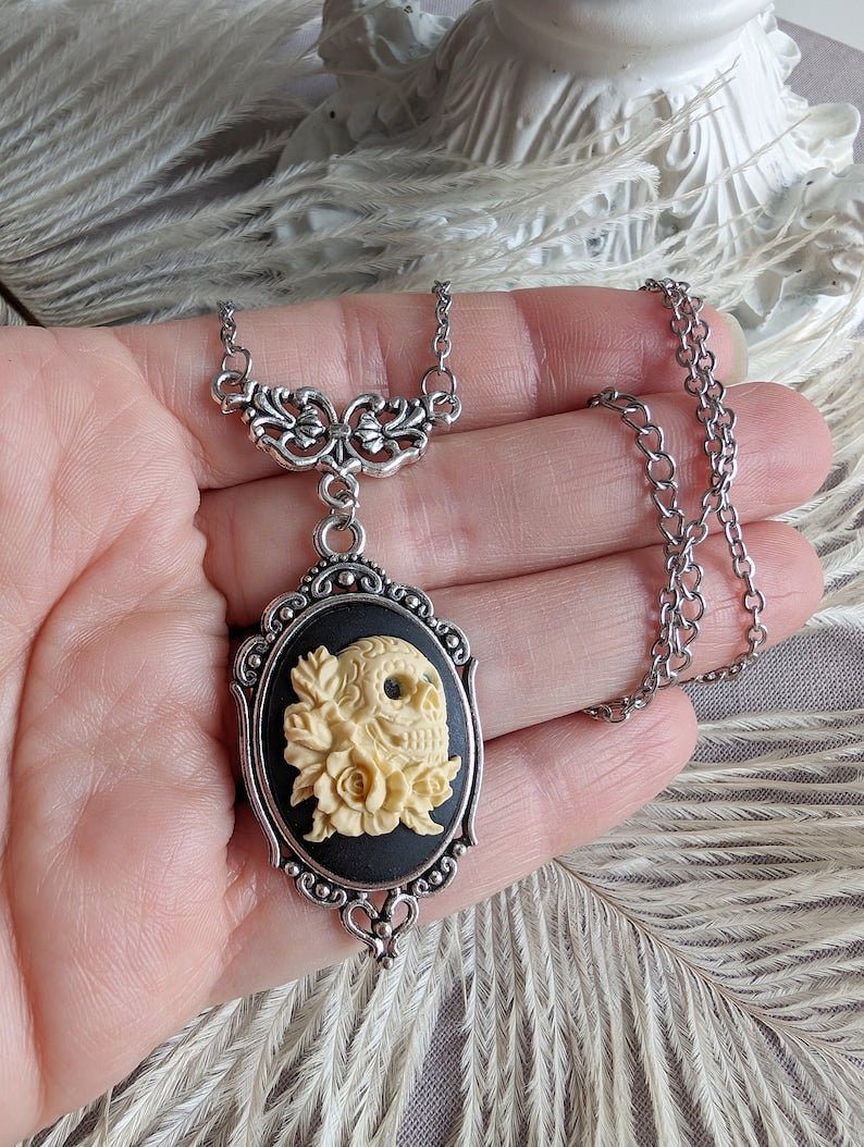 Sugar Skull Necklace, Day of the Dead Gothic Cameo Jewelry