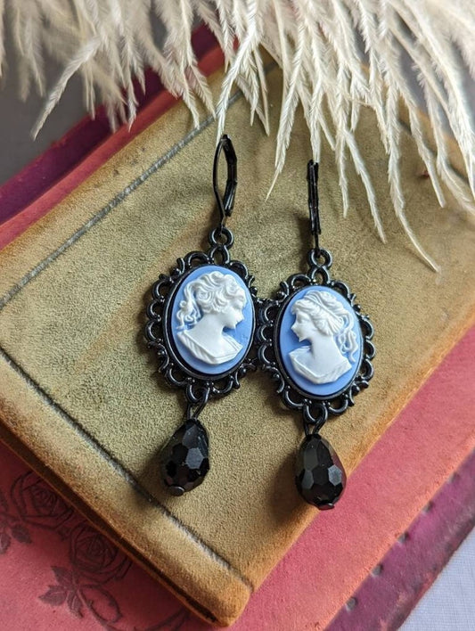 Blue Lady Cameo Earrings | Gothic Victorian Jewelry, Dark Academia Gift