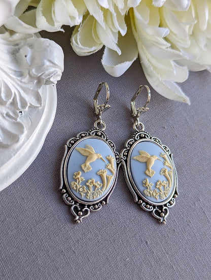 Blue Hummingbird Cameo Earrings: Vintage Style Romantic Jewelry