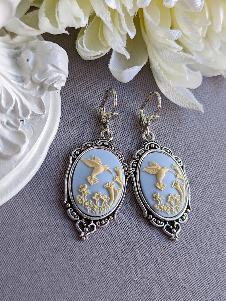 Blue Hummingbird Cameo Earrings: Vintage Style Romantic Jewelry
