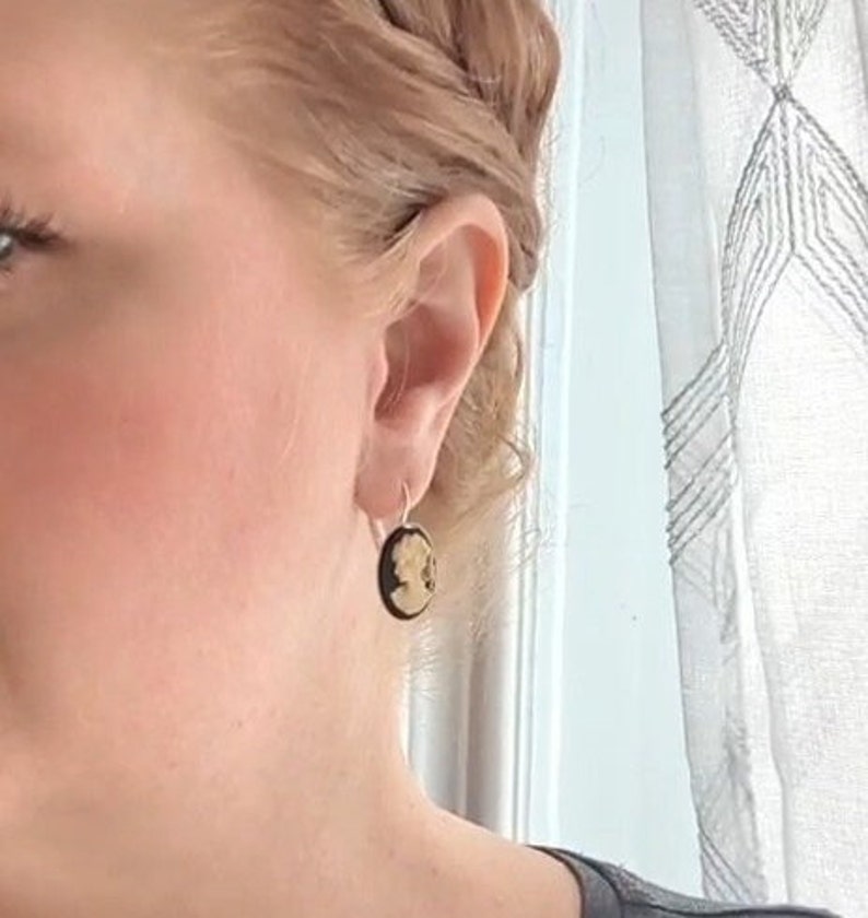 Blue Cameo Earrings in Black Lever backs, Gothic Victorian Jewelry