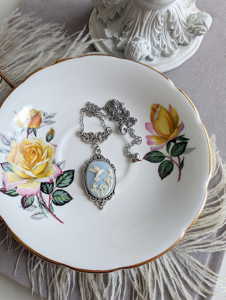 Blue Hummingbird Cameo Necklace, Art Nouveau Bird Pendant Jewelry