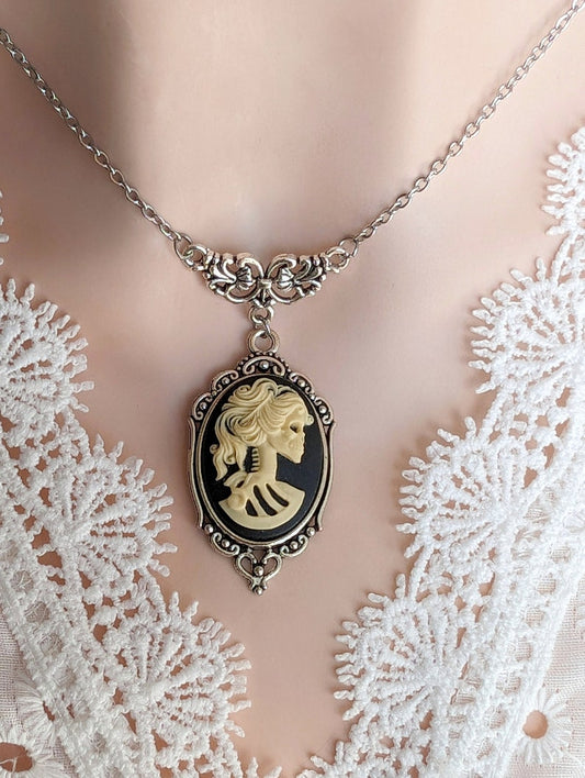 Lady Skull Necklace, Gothic Day of the Dead Pendant, Silver Plated Brass