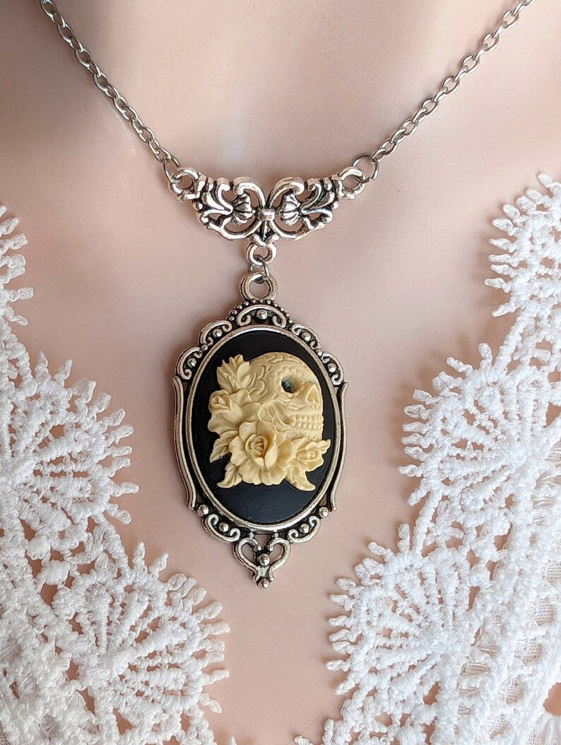 Sugar Skull Necklace, Day of the Dead Gothic Cameo Jewelry