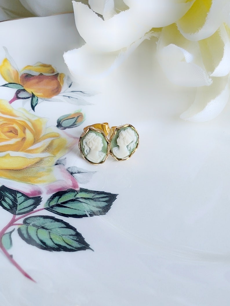 Tiny Green Cameo Earrings: Gold Plated Hypoallergenic Studs