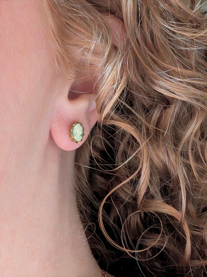 Tiny Green Cameo Earrings: Gold Plated Hypoallergenic Studs
